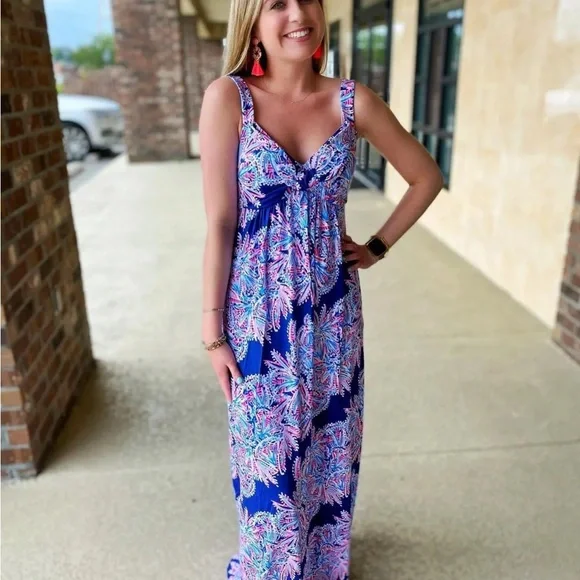 Lilly Pulitzer NWT Maui Maxi Dress Miss Shell Oyster Bay Blue Size 0 - Picture 3 of 12